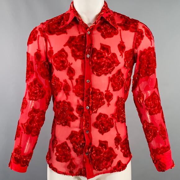 DRIES VAN NOTEN Size 38 Red Floral Viscose Silk Blend Sheer Long Sleeve Shirt - Picture 1 of 8